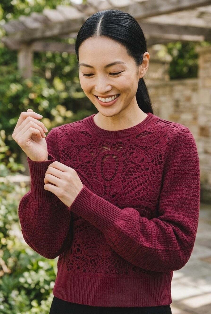 Joie Women's Damira Floral Crochet Sweater Burgundy Ballon Sleeve Size XL
